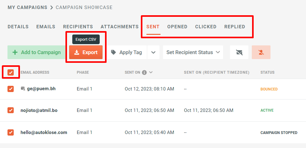 How to export campaign results - 4 - Export button for open sent clicked and replied.png