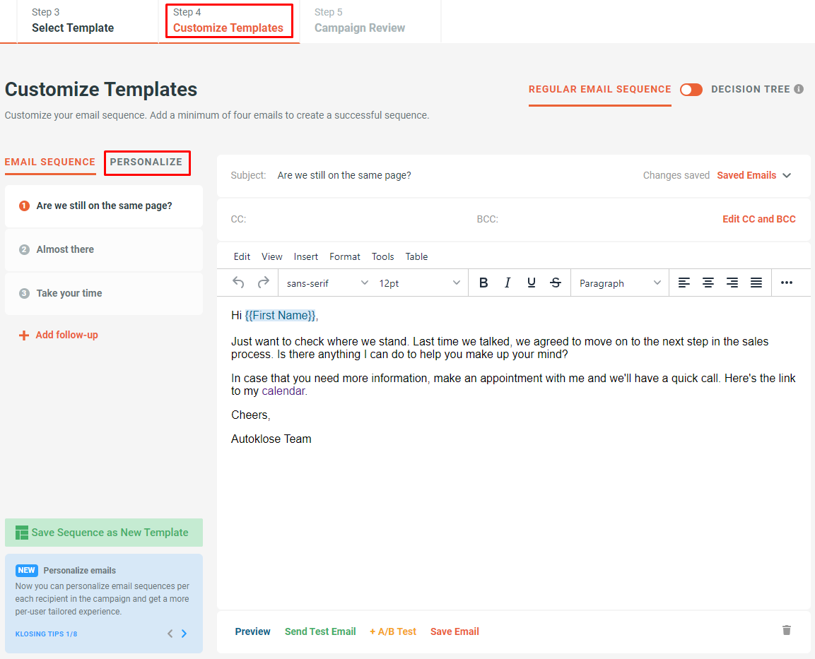 Personalize emails for campaign recipients - 1 - How To find Personalize tab.png