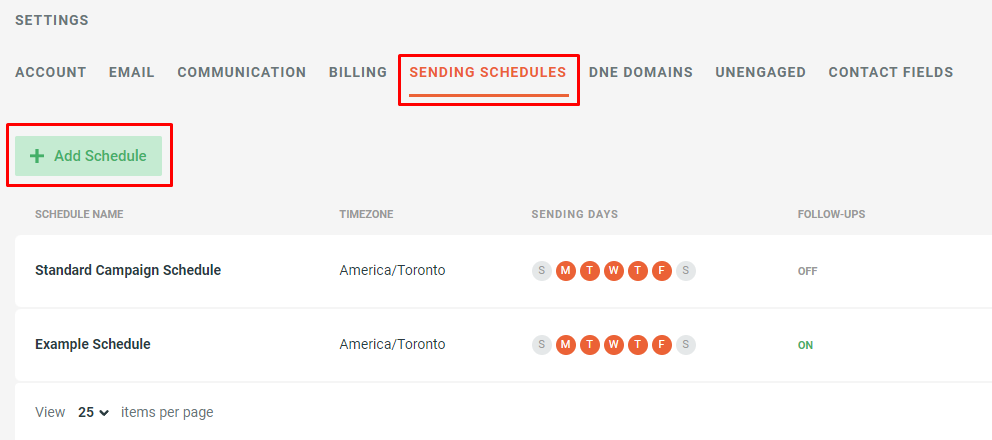 Create different sending schedules - 1 - Sending schedules page.png