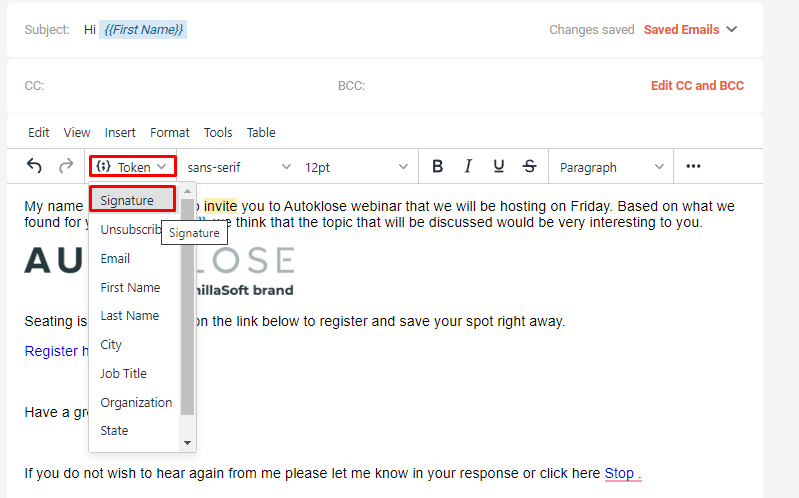 Email editor - new features and improvements - 14 - Add Signature token.png